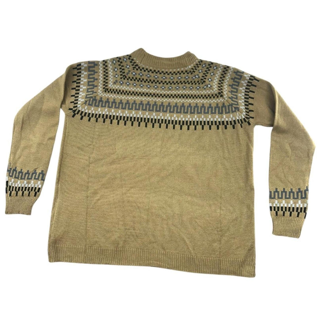 Tan Nordic Style Sweater Crewneck Geometric Pattern Knit Pullover