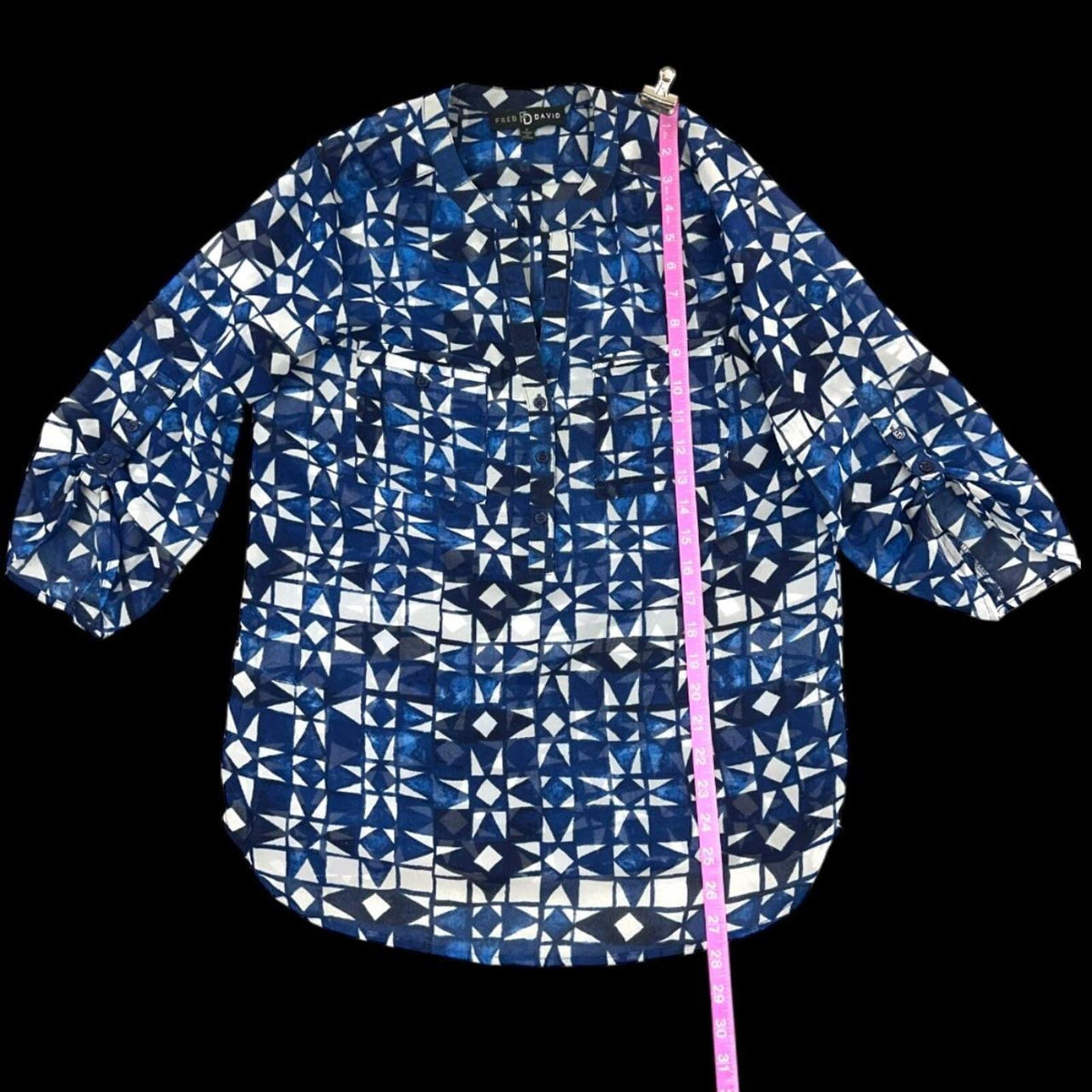 Fred David Geometric Blue and White Blouse Bohemian Casual Preppy