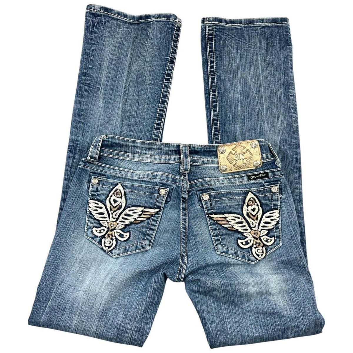 Miss Me Vintage Y2K Rhinestone Embellished Bootcut Jeans with Wings and Hearts