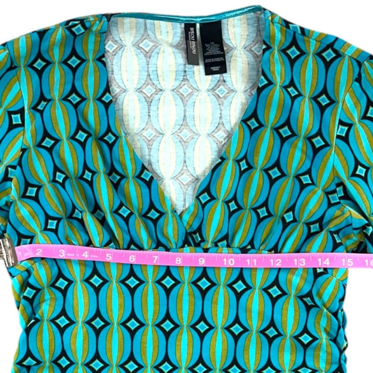 Bisous Y2K Retro Indie Blue Multi Geometric Print V Neck 3/4 Sleeve Blouse