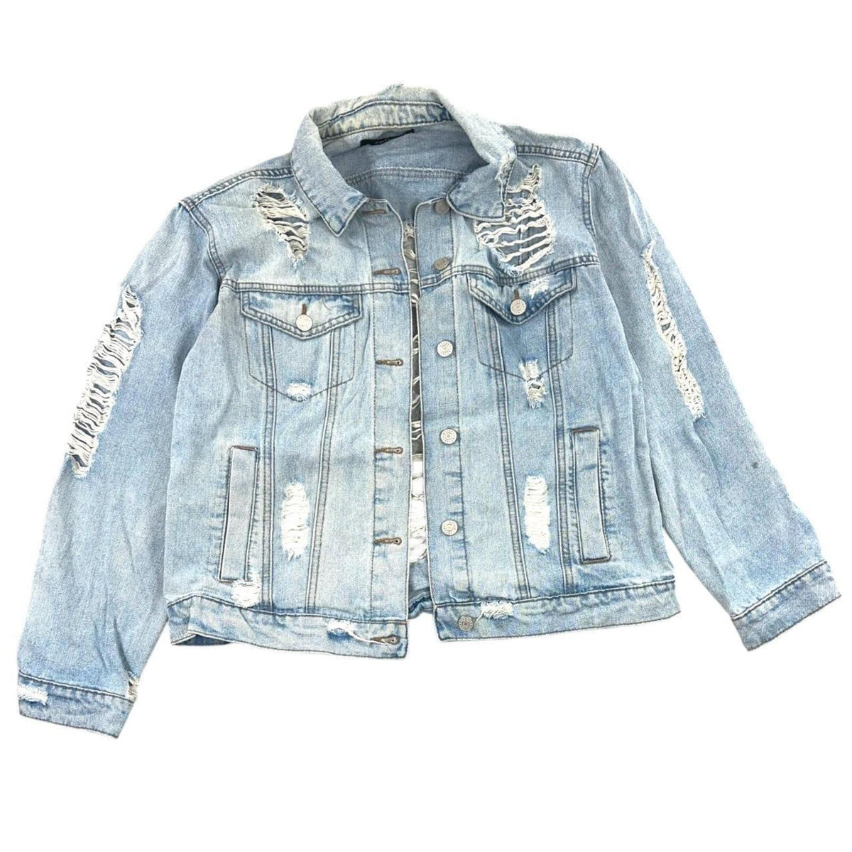 Charlotte Russe Heavy Distressed Light Wash Denim Jacket with Distressed Back