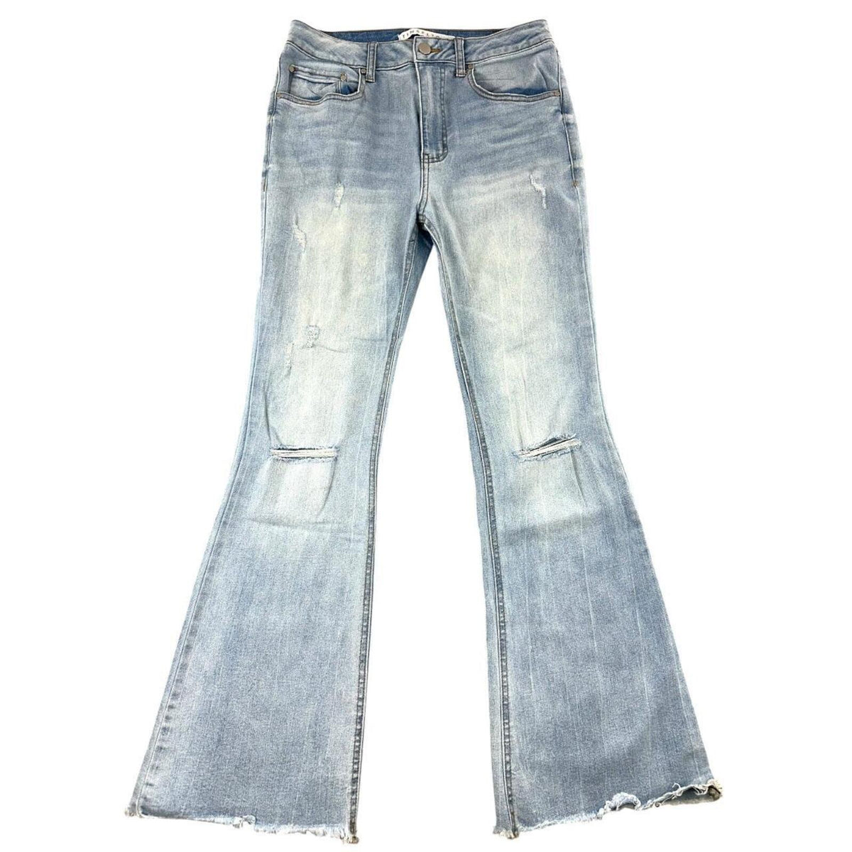 Tinseltown Light Wash Distressed Flare Jeans with Raw Frayed Hem Y2K Boho Style