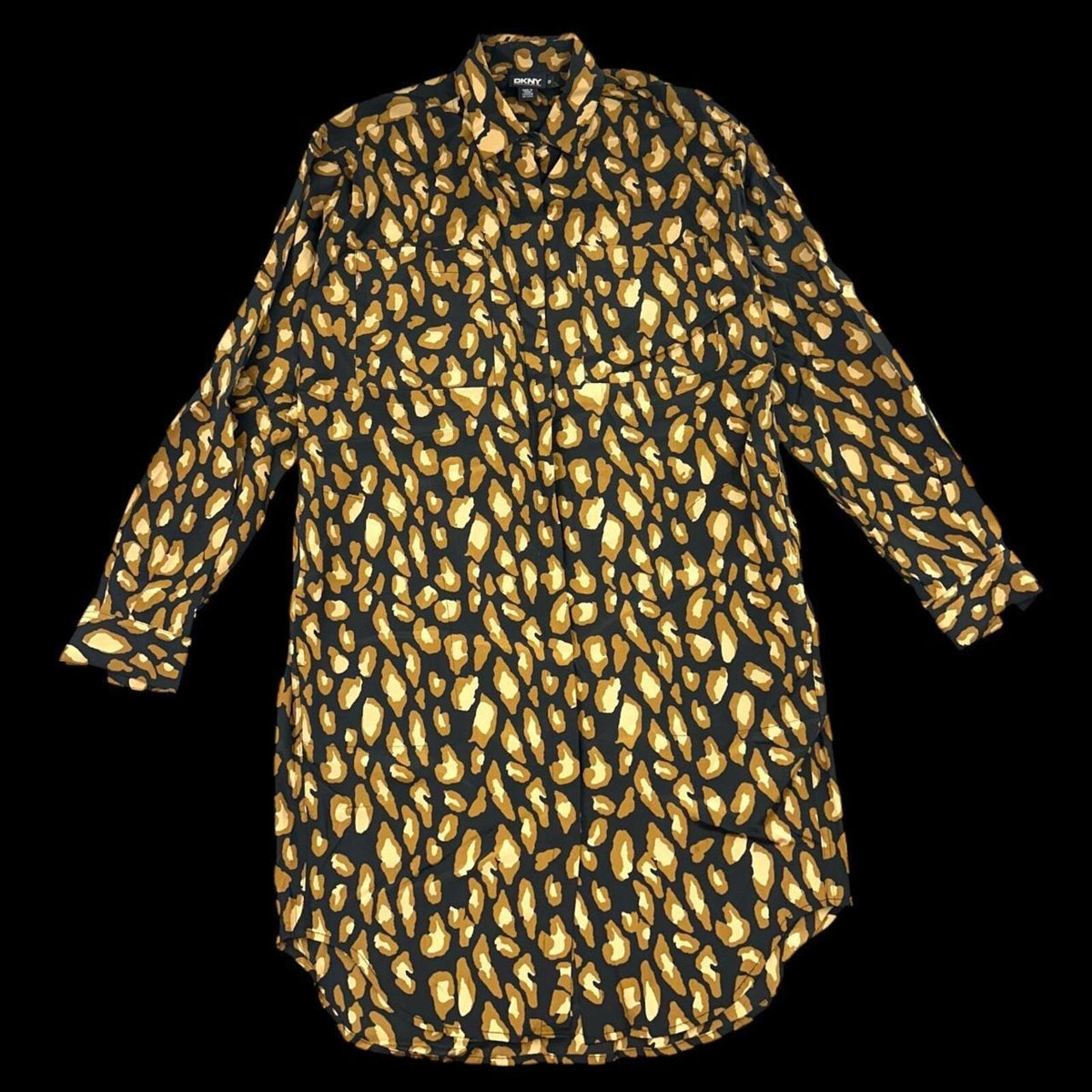 DKNY Leopard Print Shirt Dress Black Brown Y2K Mob Wife Glam