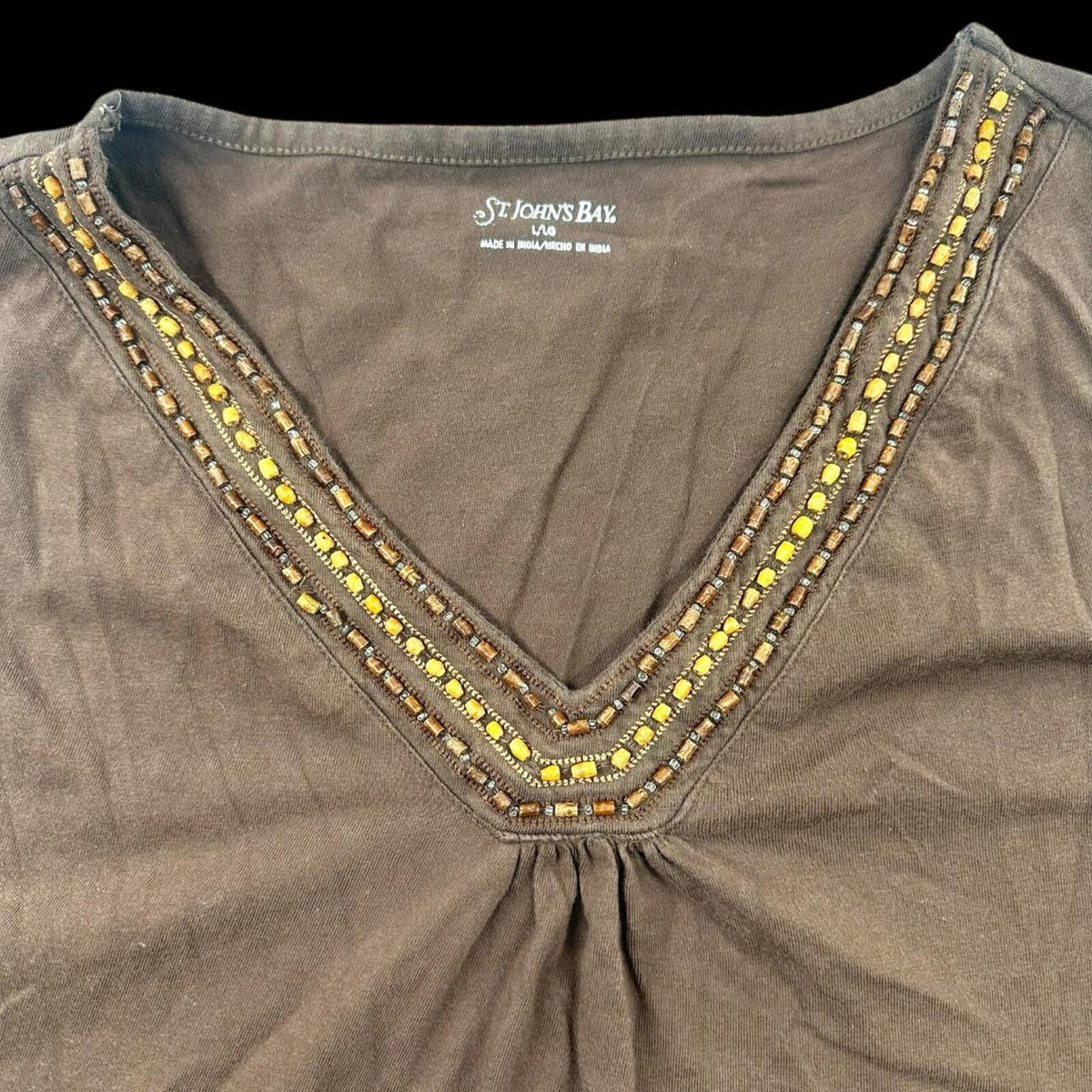 St. John's Bay Brown Beaded V Neck Tank Top Bohemian Indie