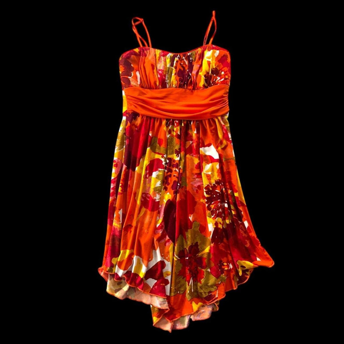 Trixxi Vibrant Floral Y2K Dress with Handkerchief Hem and Ruched Waist
