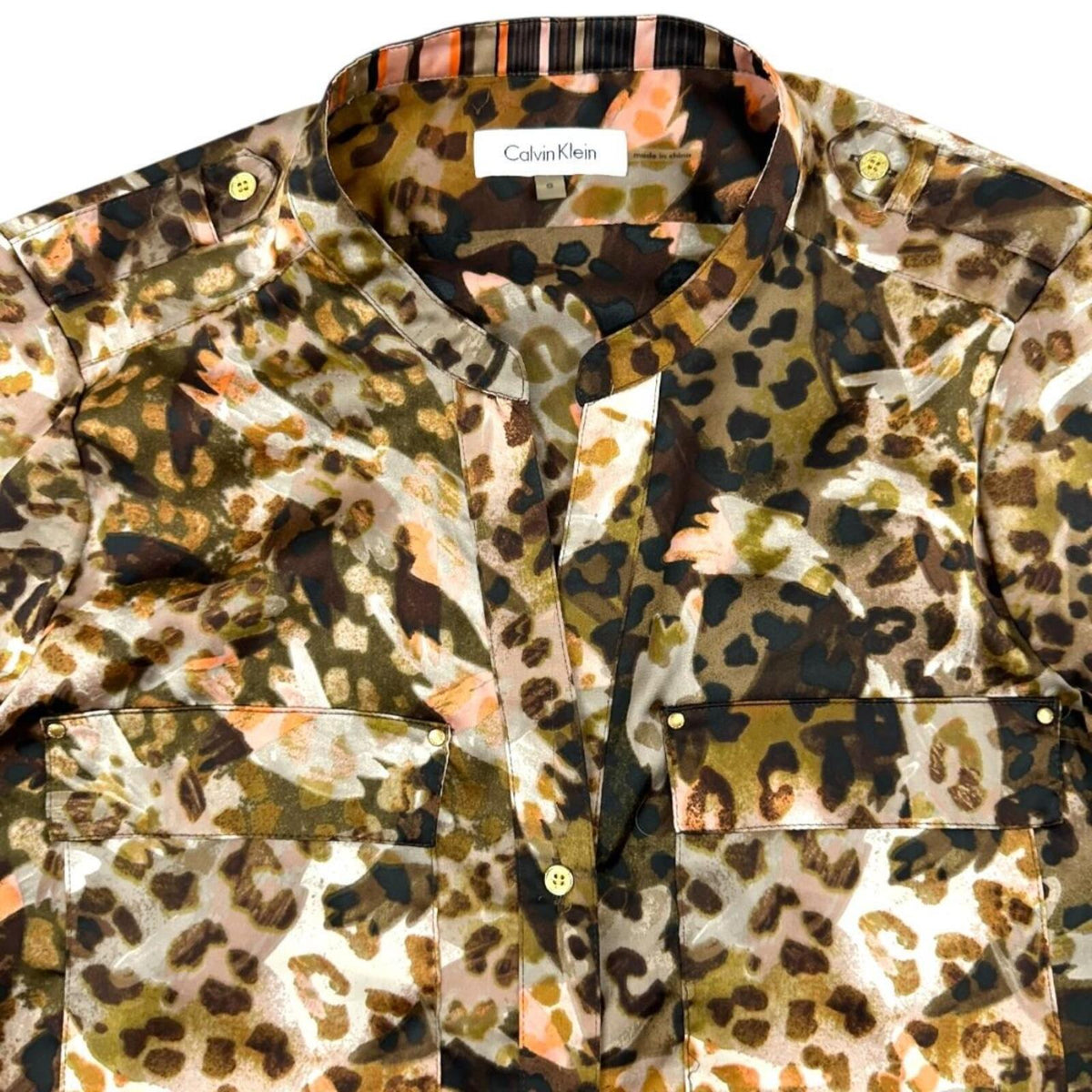 Calvin Klein Brown Cream Leopard Print Long Sleeve Button Down