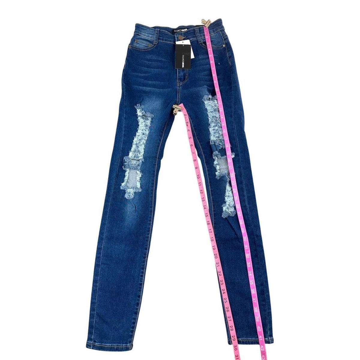 Fashion Nova Heavy Distressed Skinny Jeans High Waisted Blue Navy Stretch Denim