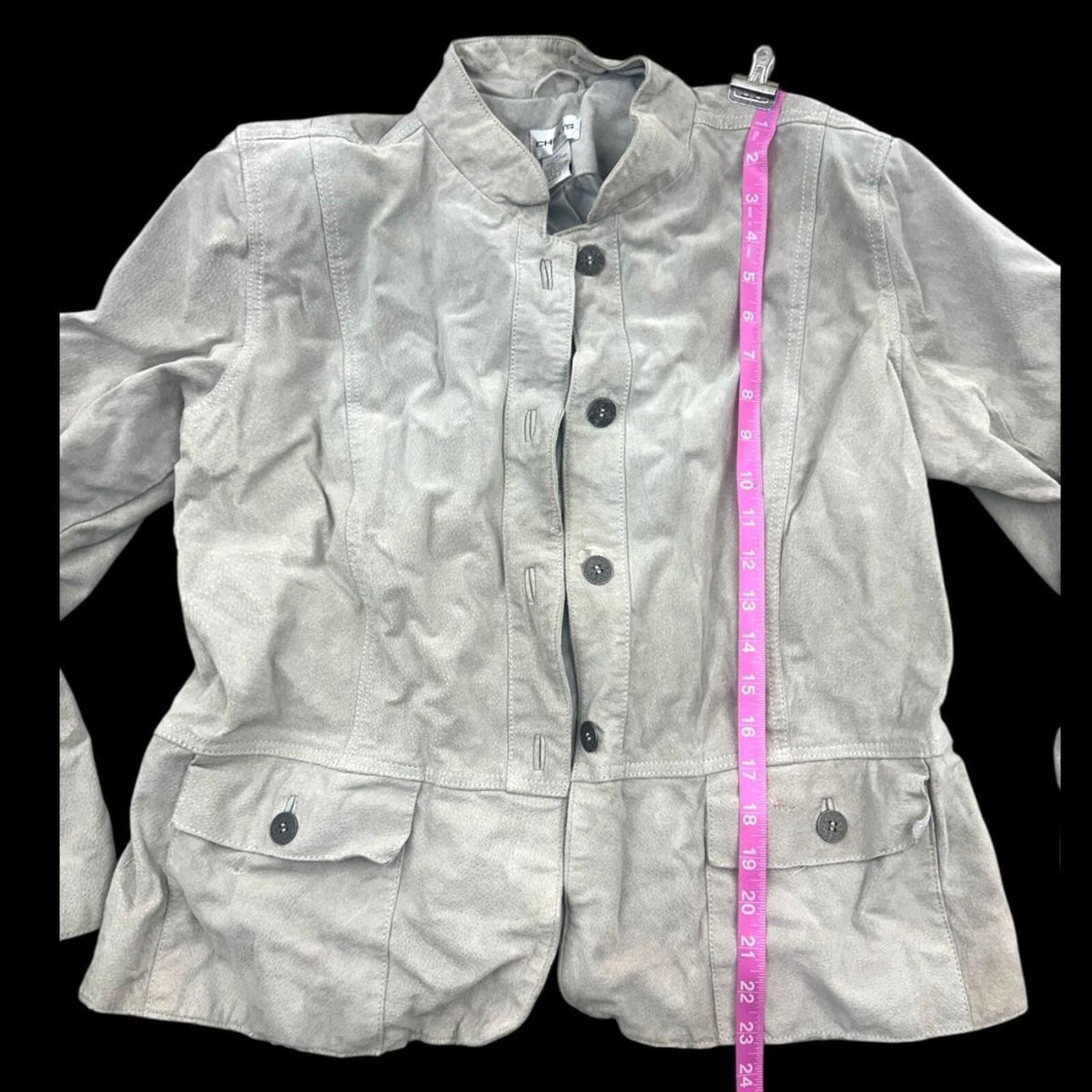 Chico's Light Gray Suede Leather Jacket with Mandarin Collar Elegant Boho