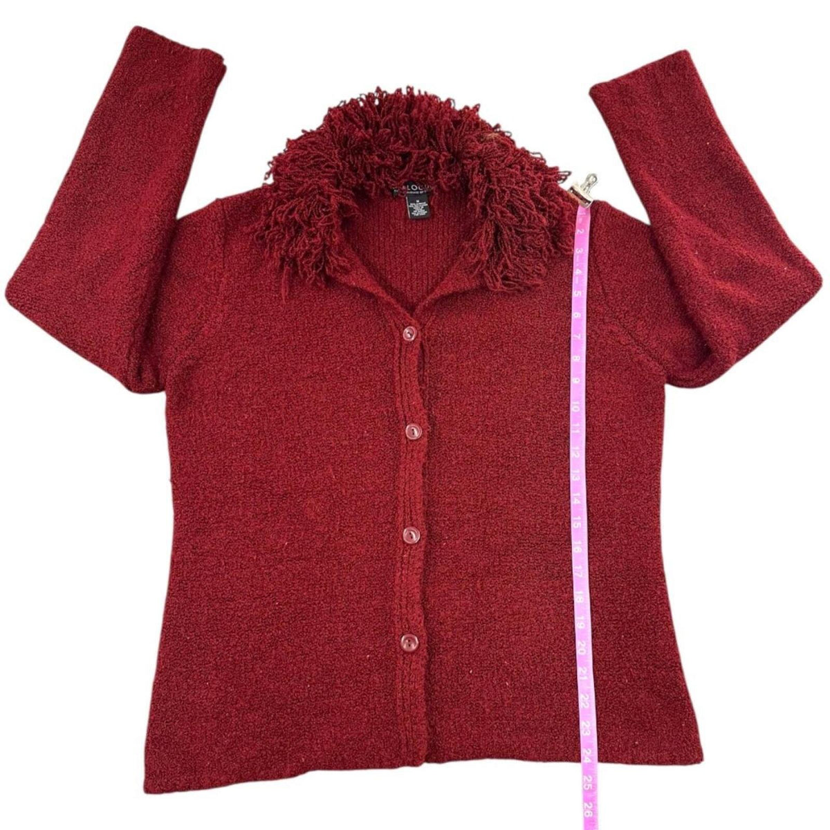 Dialogue Red Burgundy Y2K Cardigan Shaggy Fringe Collar Vintage Inspired Boho