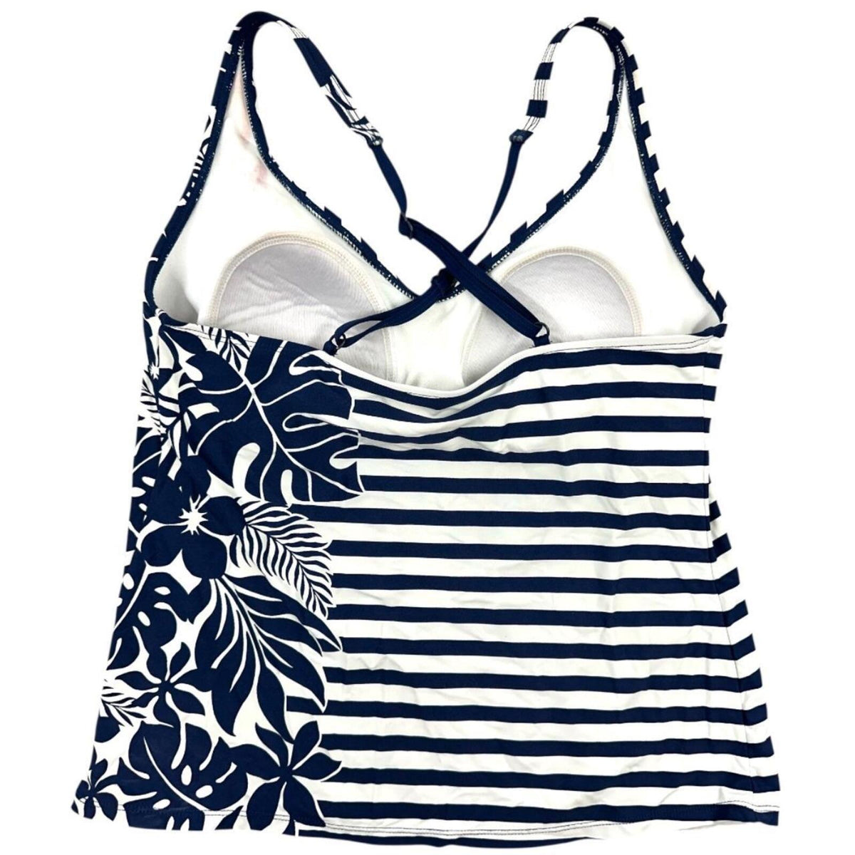 Beach House Tankini Swim Top Navy White Striped Tropical Leaf Y2K