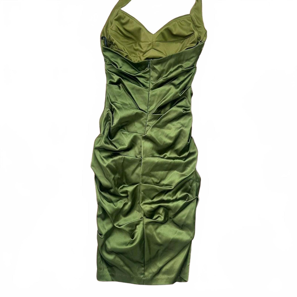 Betsy & Adam Green Satin Halter Dress Y2K Midi Ruched Glam Fit