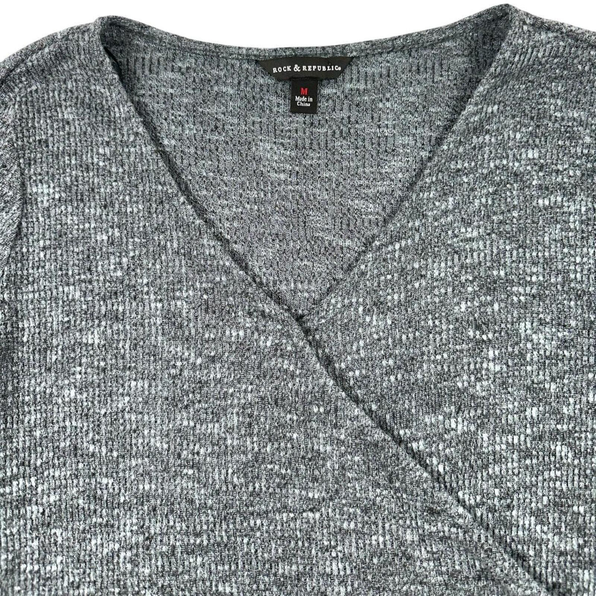 Rock & Republic Gray Marled Knit Faux Wrap Long Sleeve Top
