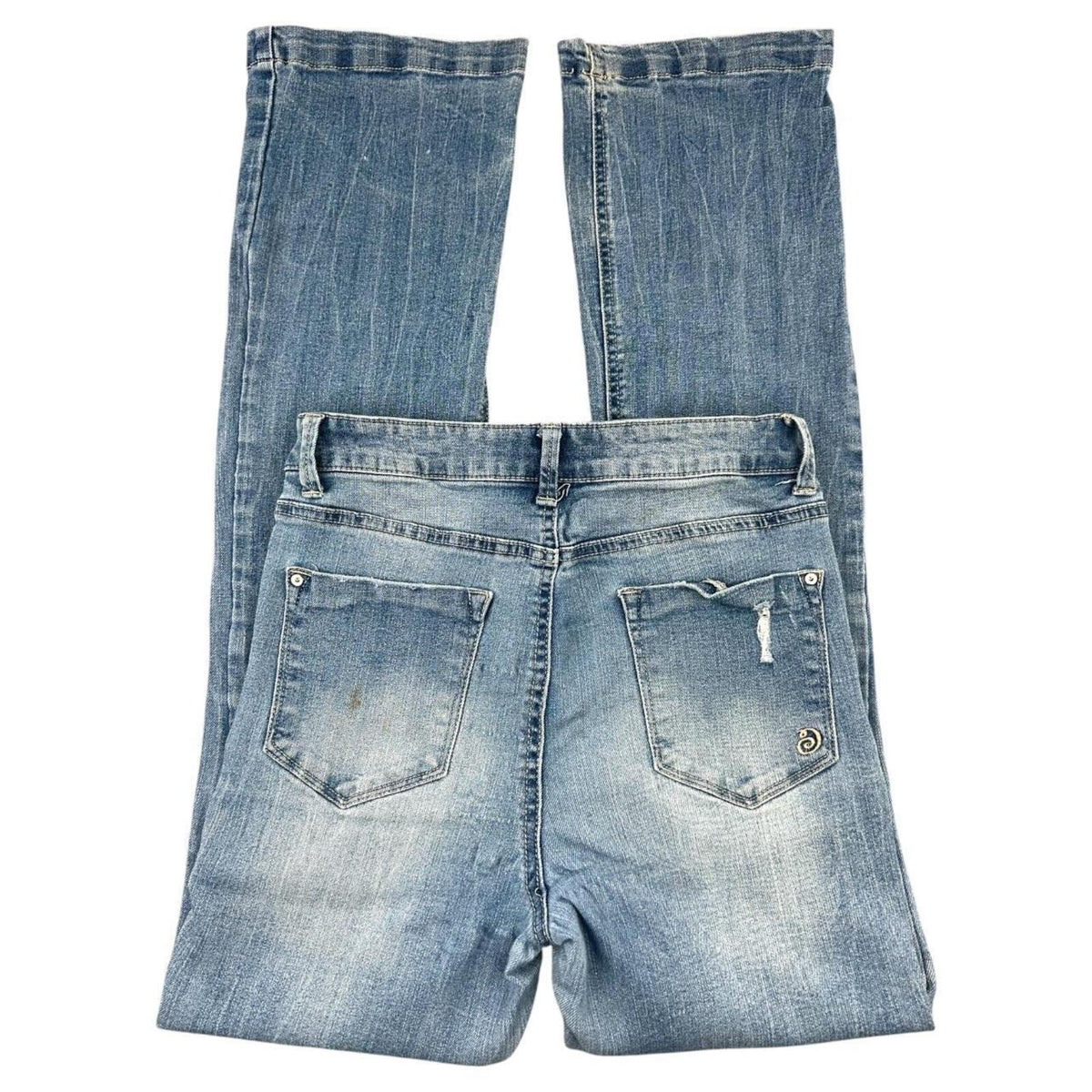 Indigo Rein Distressed Boho Flare Jeans Medium Wash High Rise Y2K