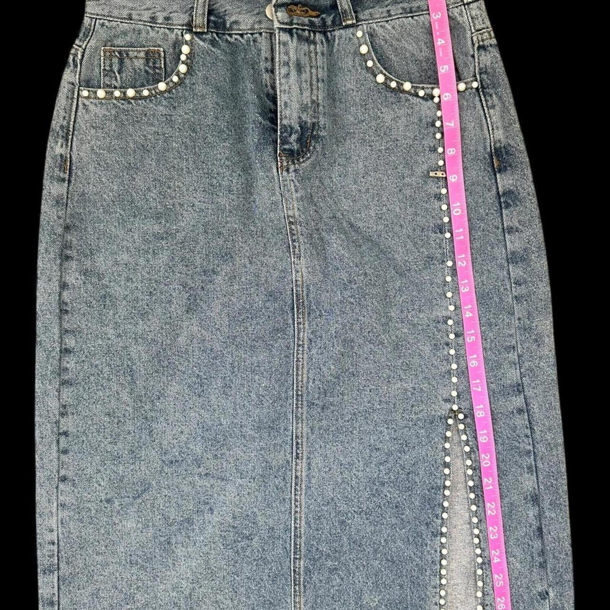 Up Jeans Denim Skirt with Pearl Detailing and Slit Blue
