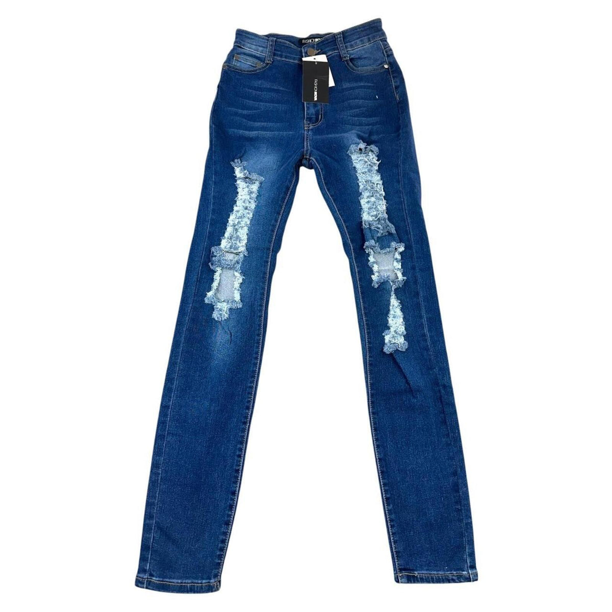 Fashion Nova Heavy Distressed Skinny Jeans High Waisted Blue Navy Stretch Denim