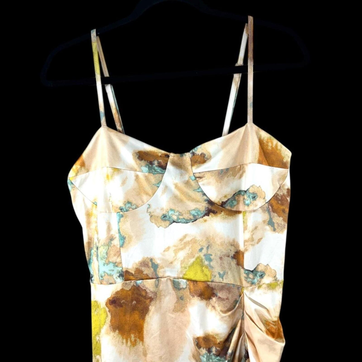 Ruched Abstract Midi Slip Dress Yellow Green Artistic Print