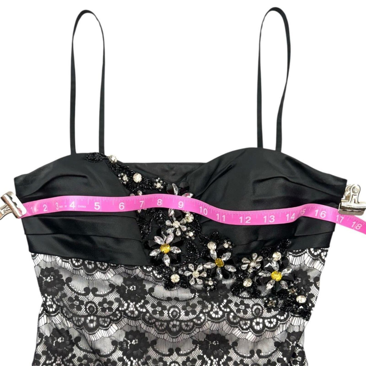 Dave & Johnny Black Pleated Satin Bustier Cocktail Dress with Beaded Floral Lace