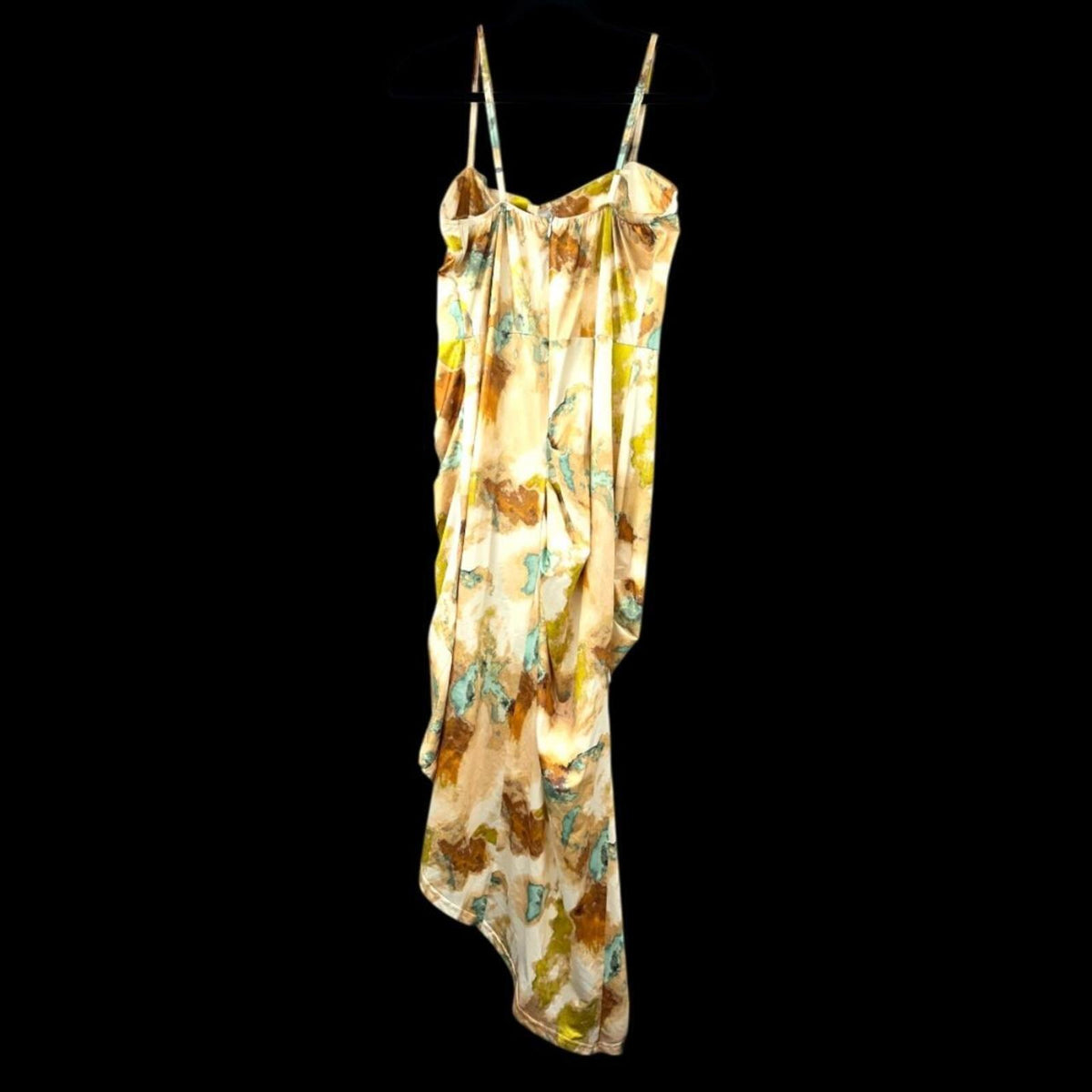 Ruched Abstract Midi Slip Dress Yellow Green Artistic Print