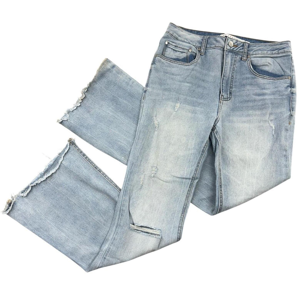 Tinseltown Light Wash Distressed Flare Jeans with Raw Frayed Hem Y2K Boho Style