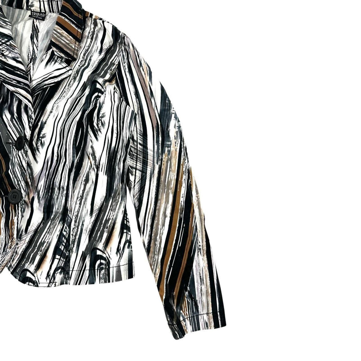 Tribal Abstract Print Stretch Blazer Black White Brown Lightweight Button