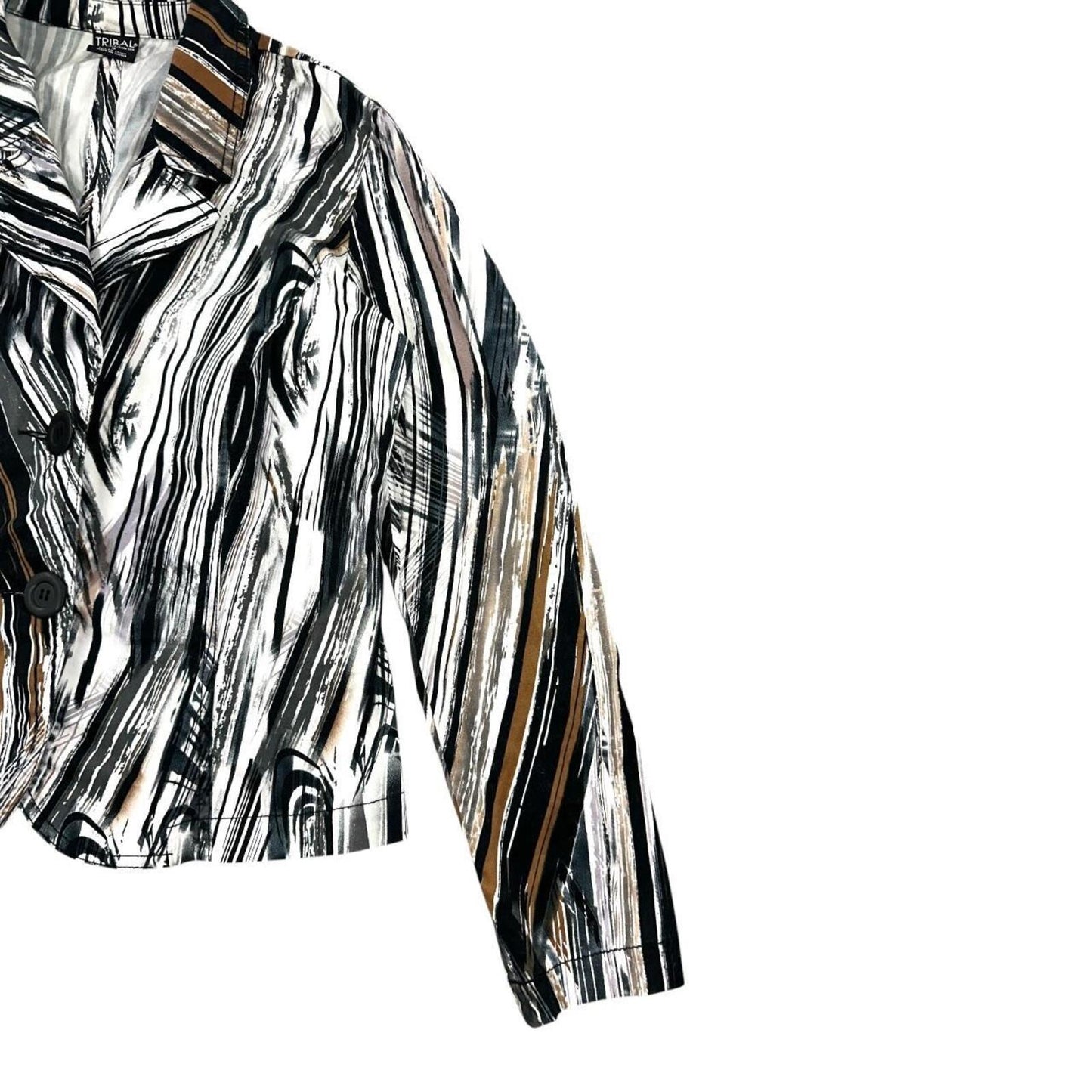 Tribal Abstract Print Stretch Blazer Black White Brown Lightweight Button