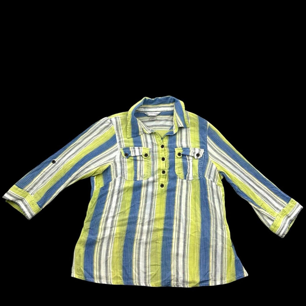 Christopher & Banks Vintage Striped Button Up Top in Blue White Lime Green
