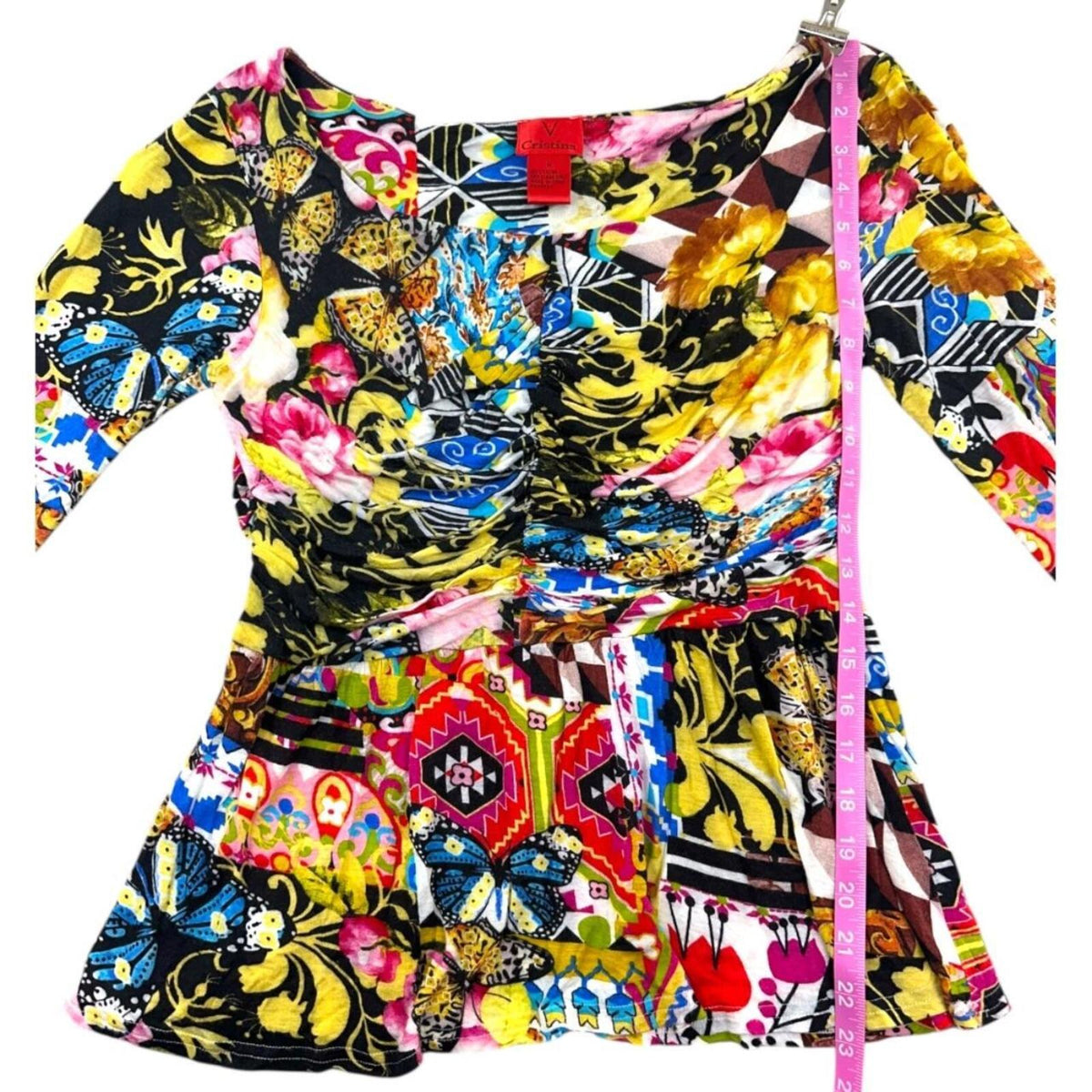 V Cristina Long Sleeve Blouse Multi Color Patchwork Floral Geometric Print