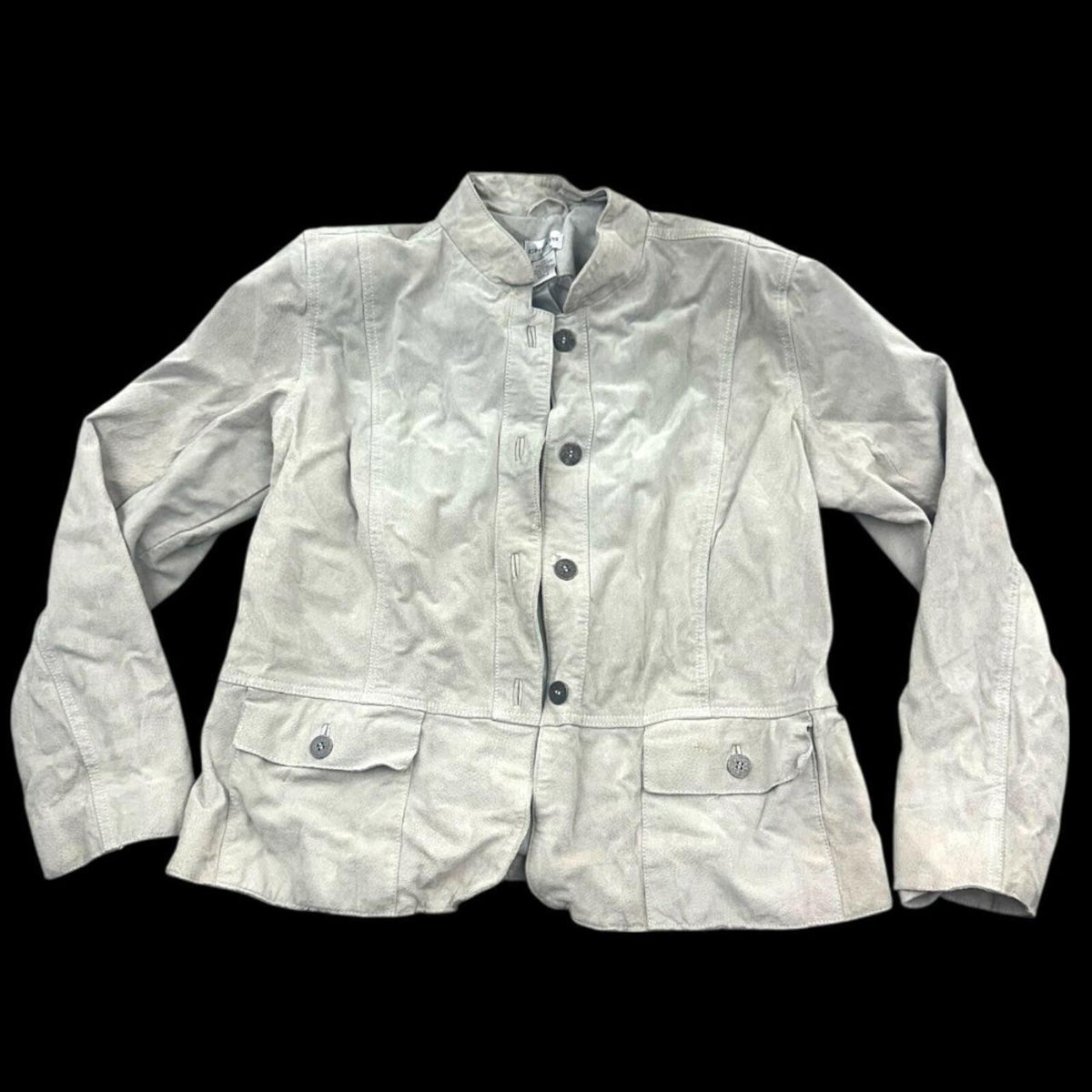 Chico's Light Gray Suede Leather Jacket with Mandarin Collar Elegant Boho