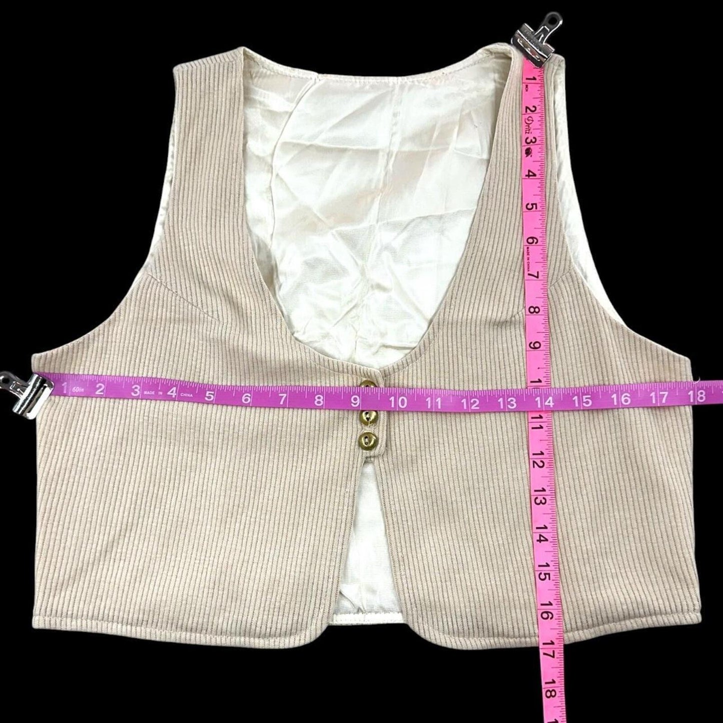 Beige Ribbed Waistcoat Vest with Three Button Closure and V Neck