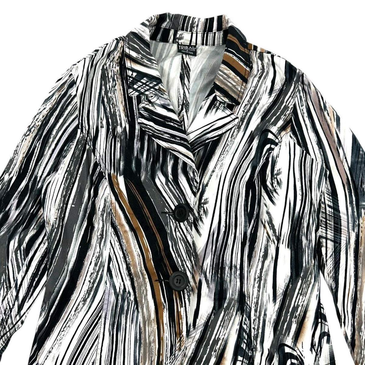 Tribal Abstract Print Stretch Blazer Black White Brown Lightweight Button