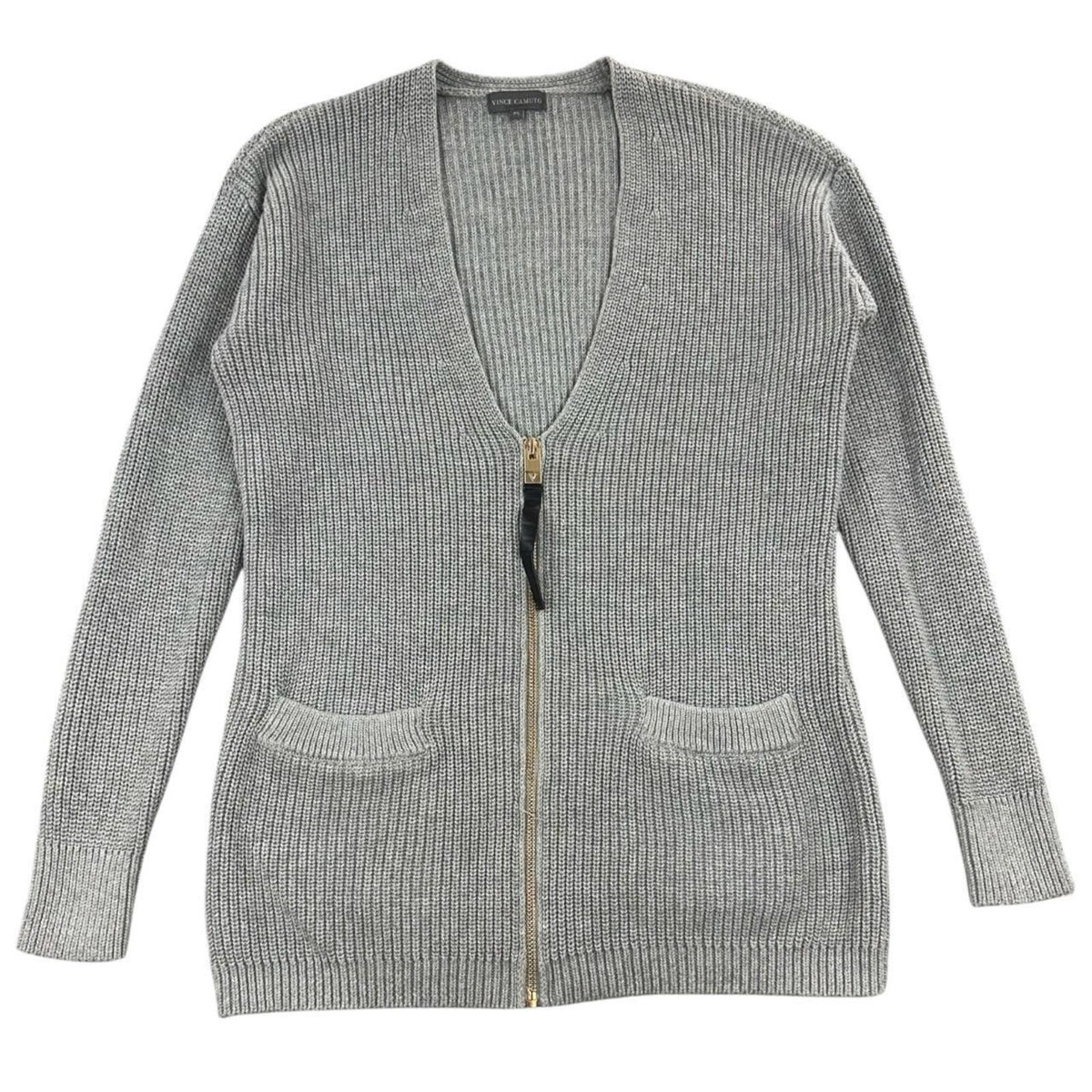 Vince Camuto Grey Ribbed Zip Up Knit Cardigan