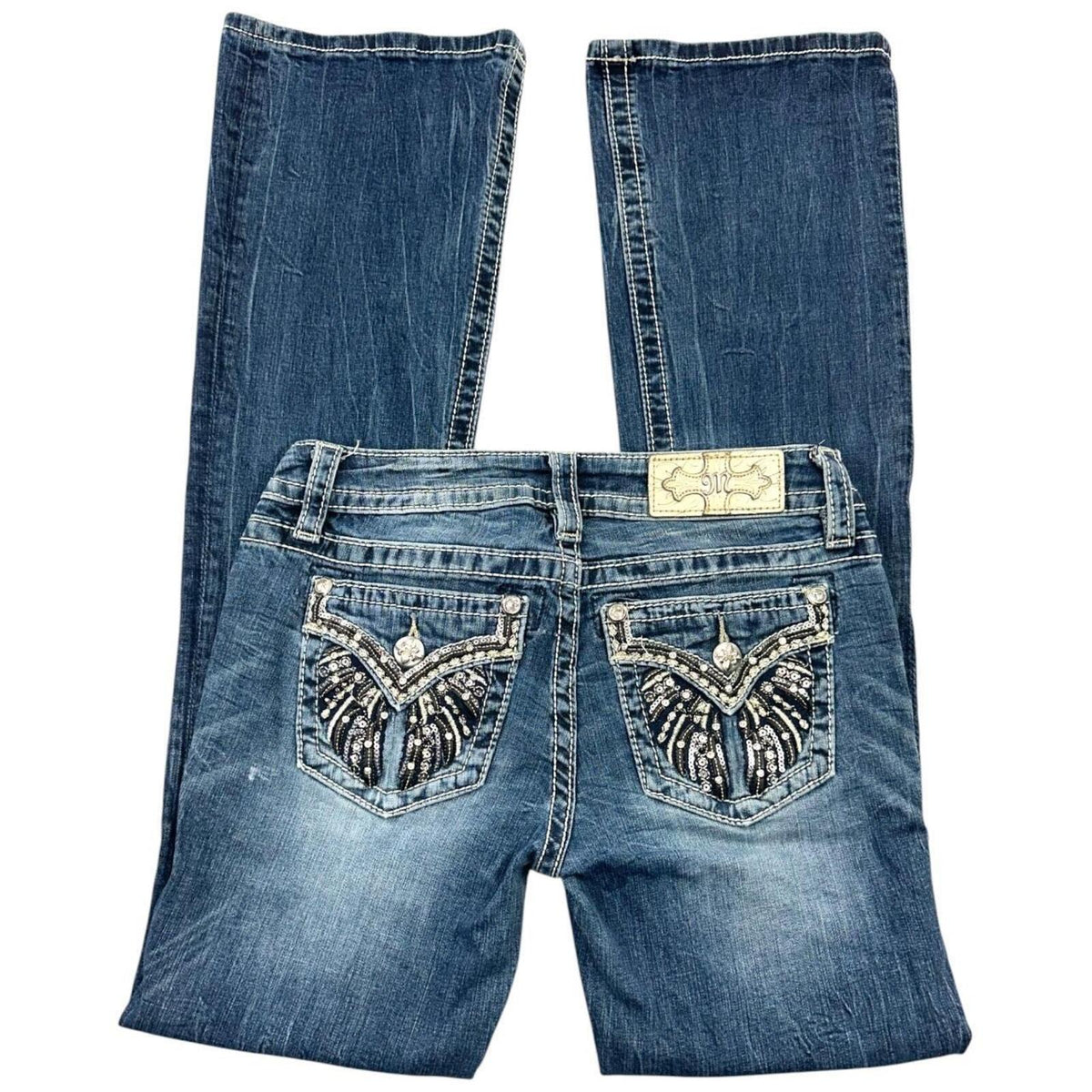 Miss Me Vintage Angel Wing Embellished Bootcut Jeans Y2K Rhinestone Denim