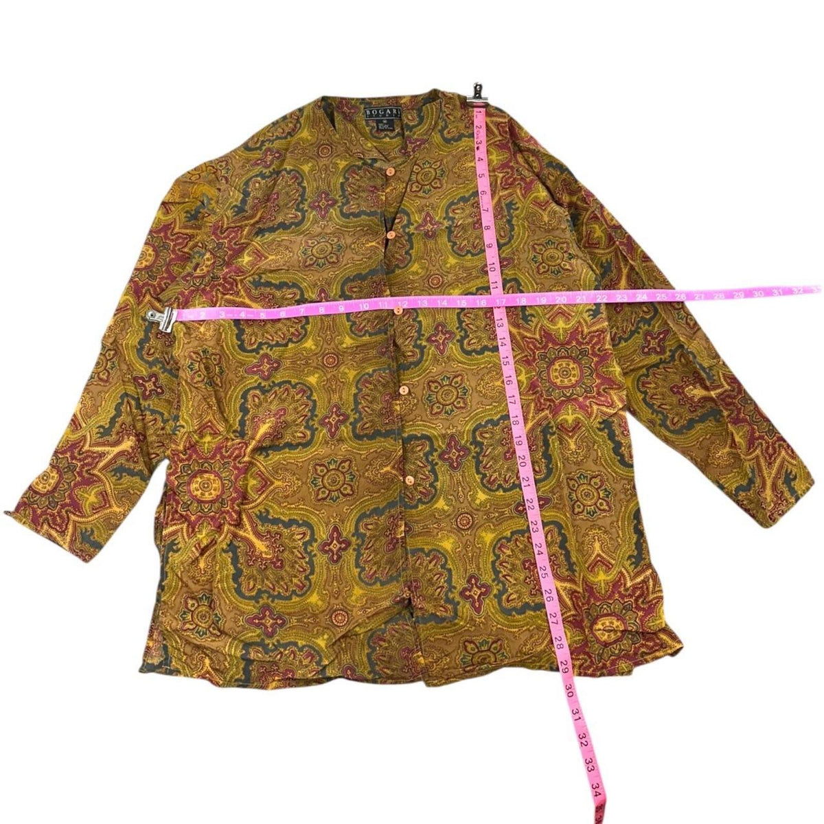 Bogari Studio Vintage Band Collar Button Up Blouse in Mustard Yellow Paisley
