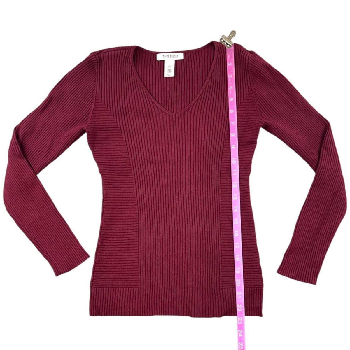 White House Black Market Burgundy V Neck Ribbed Sweater Elegant Preppy Minimal