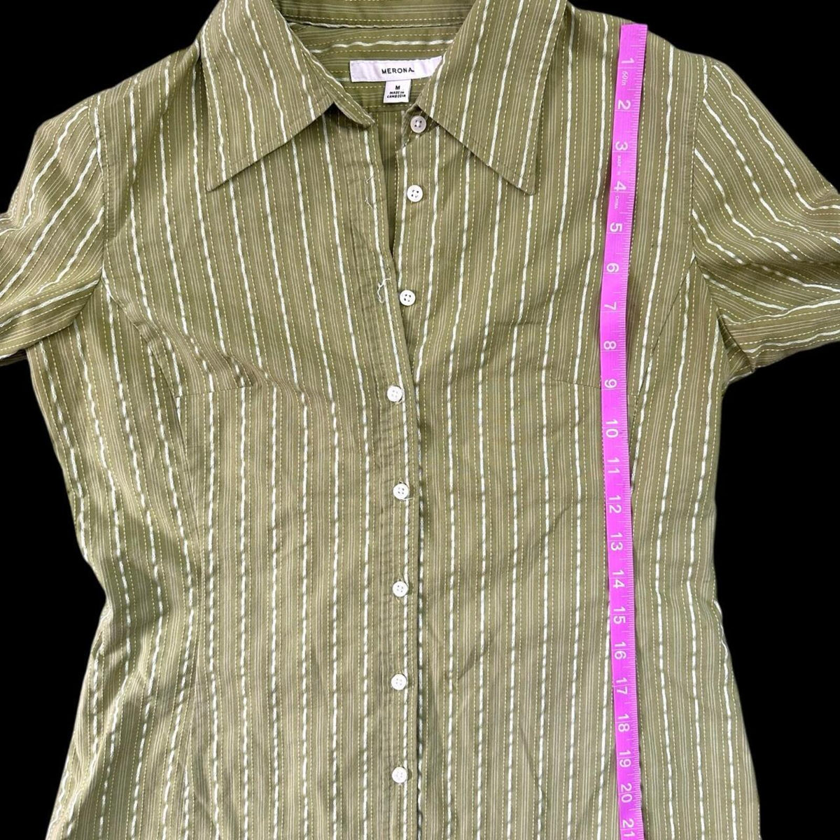 Merona Chartreuse Embroidered Blouse Green White Button Up 3/4 Sleeve