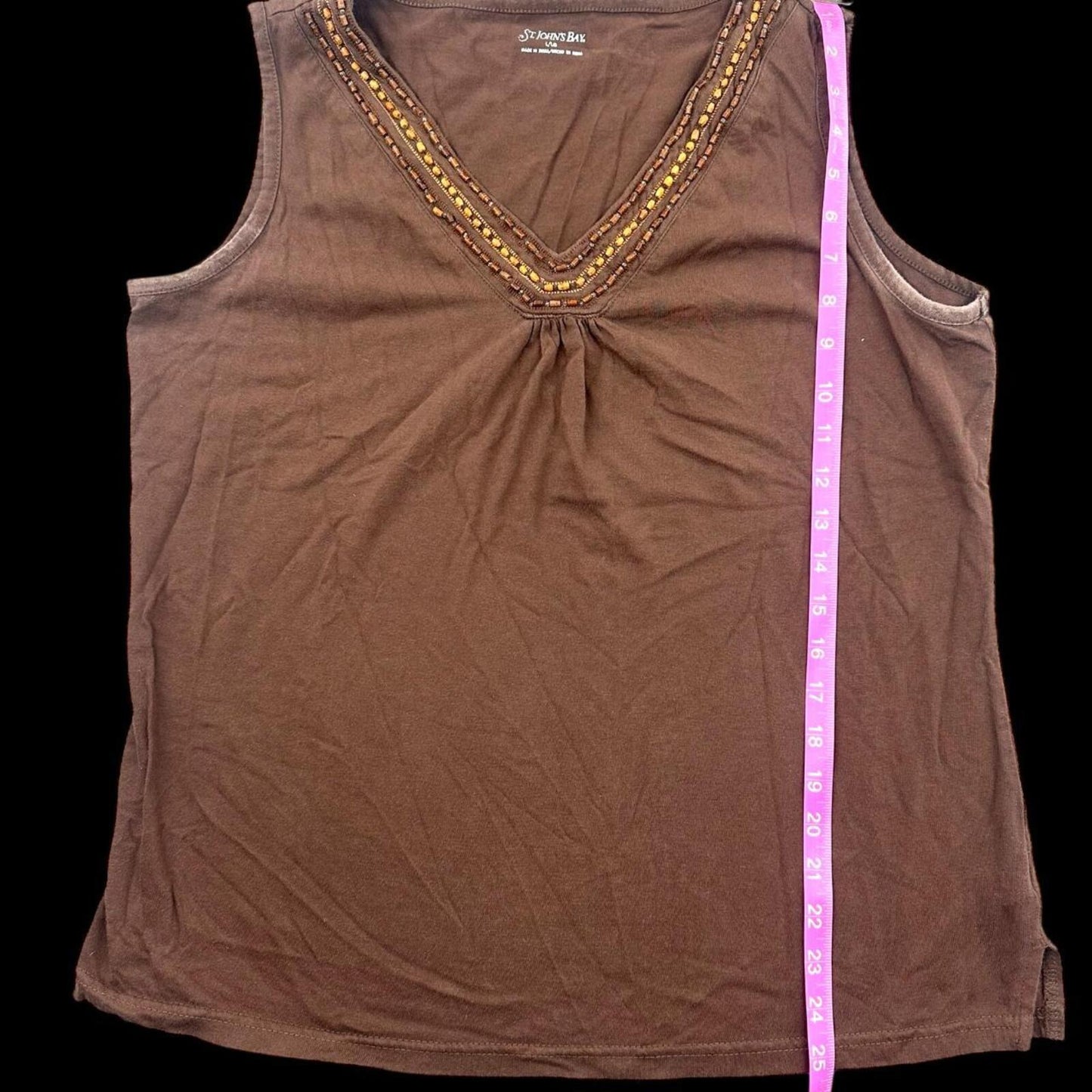 St. John's Bay Brown Beaded V Neck Tank Top Bohemian Indie