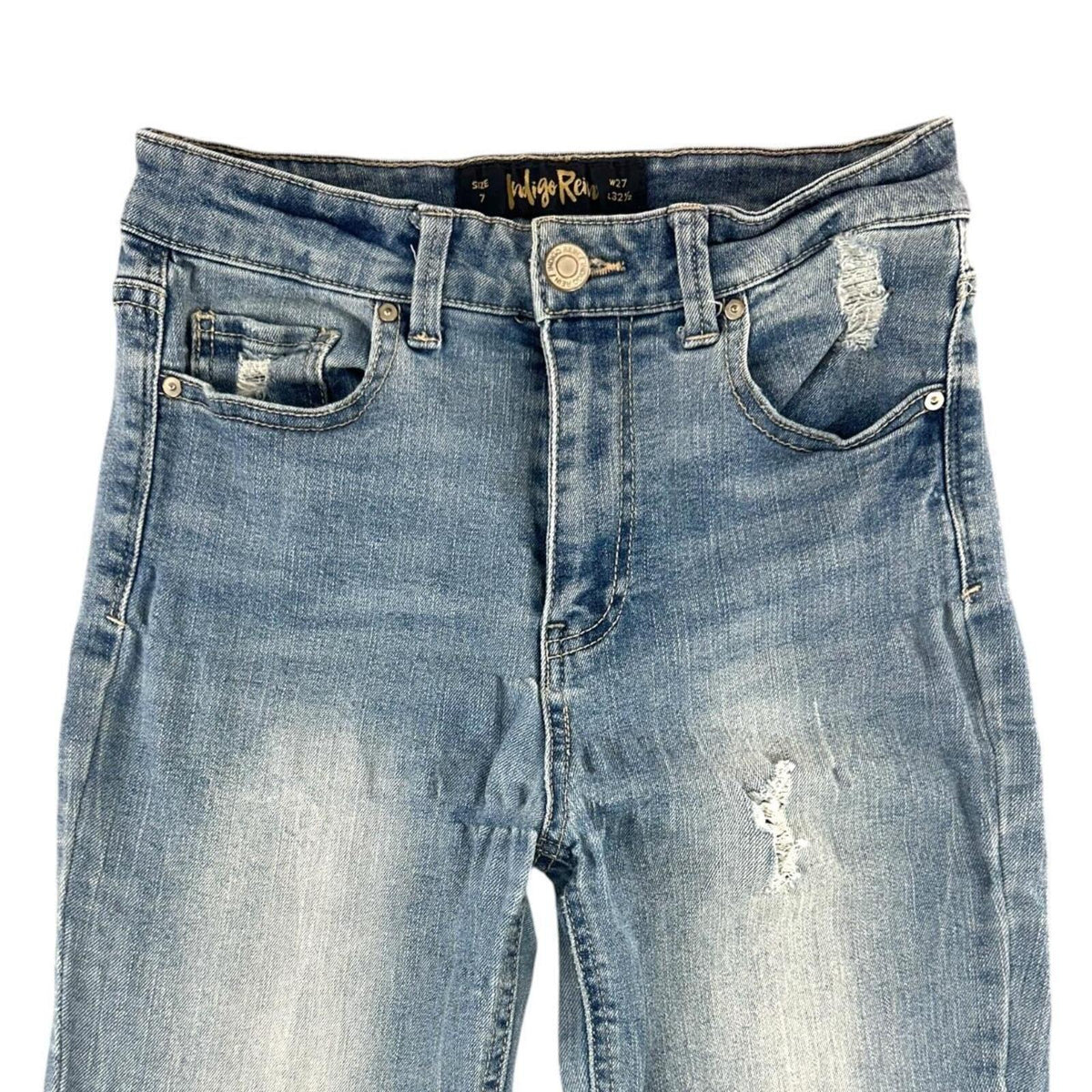 Indigo Rein Distressed Boho Flare Jeans Medium Wash High Rise Y2K