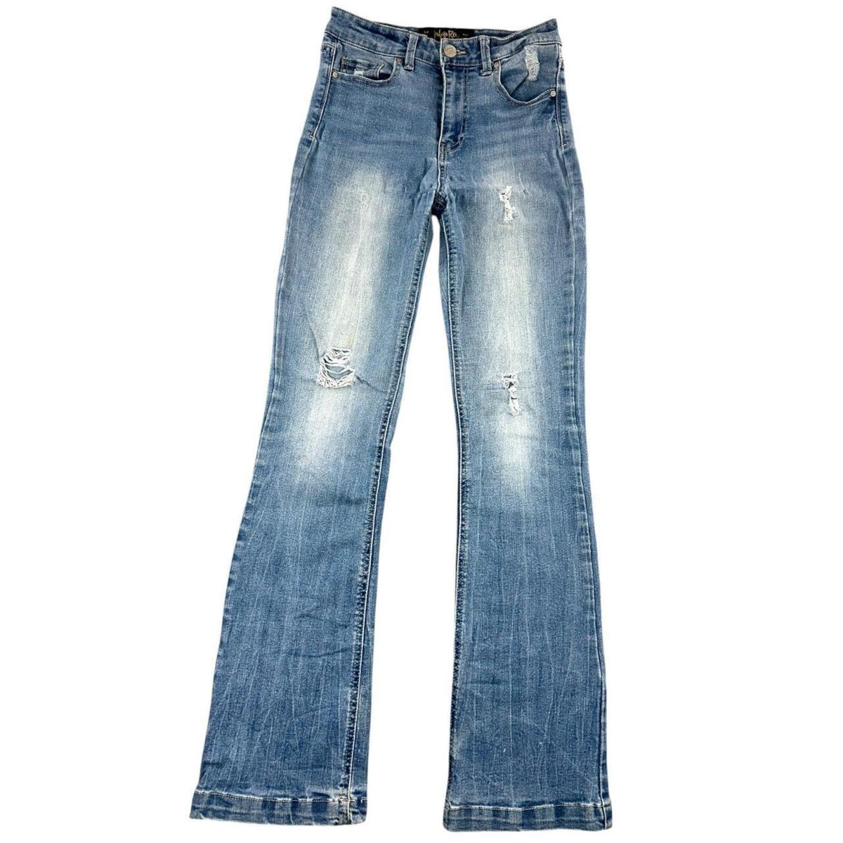 Indigo Rein Distressed Boho Flare Jeans Medium Wash High Rise Y2K