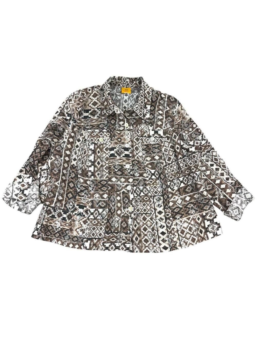 Ruby Rd. Brown Tribal Geometric Button Down Blouse Lightweight Jacket