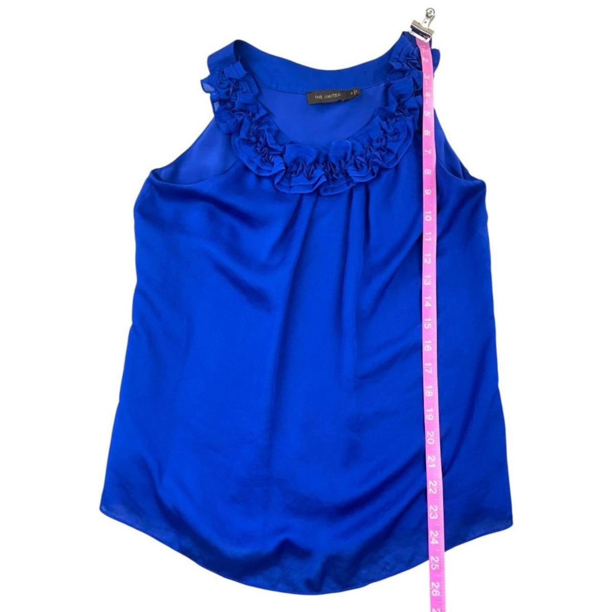 The Limited Royal Blue Satin Sleeveless Top with Ruffled Neckline