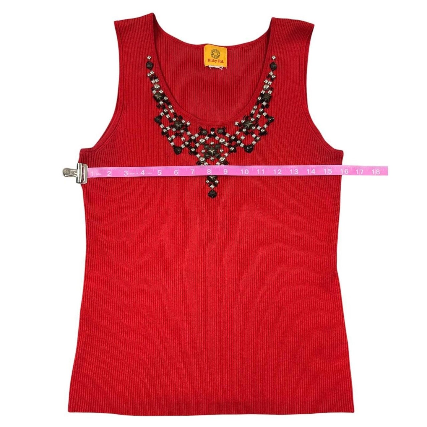 Ruby Rd. Red Ribbed Tank Top with Beaded V Neckline Y2K Indie Whimsigoth