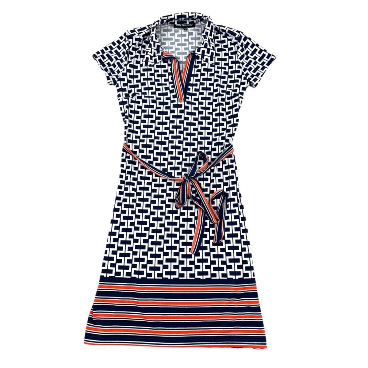 Mlle Gabrielle Blue and White Geometric Print Dress with Belt Preppy Coquette
