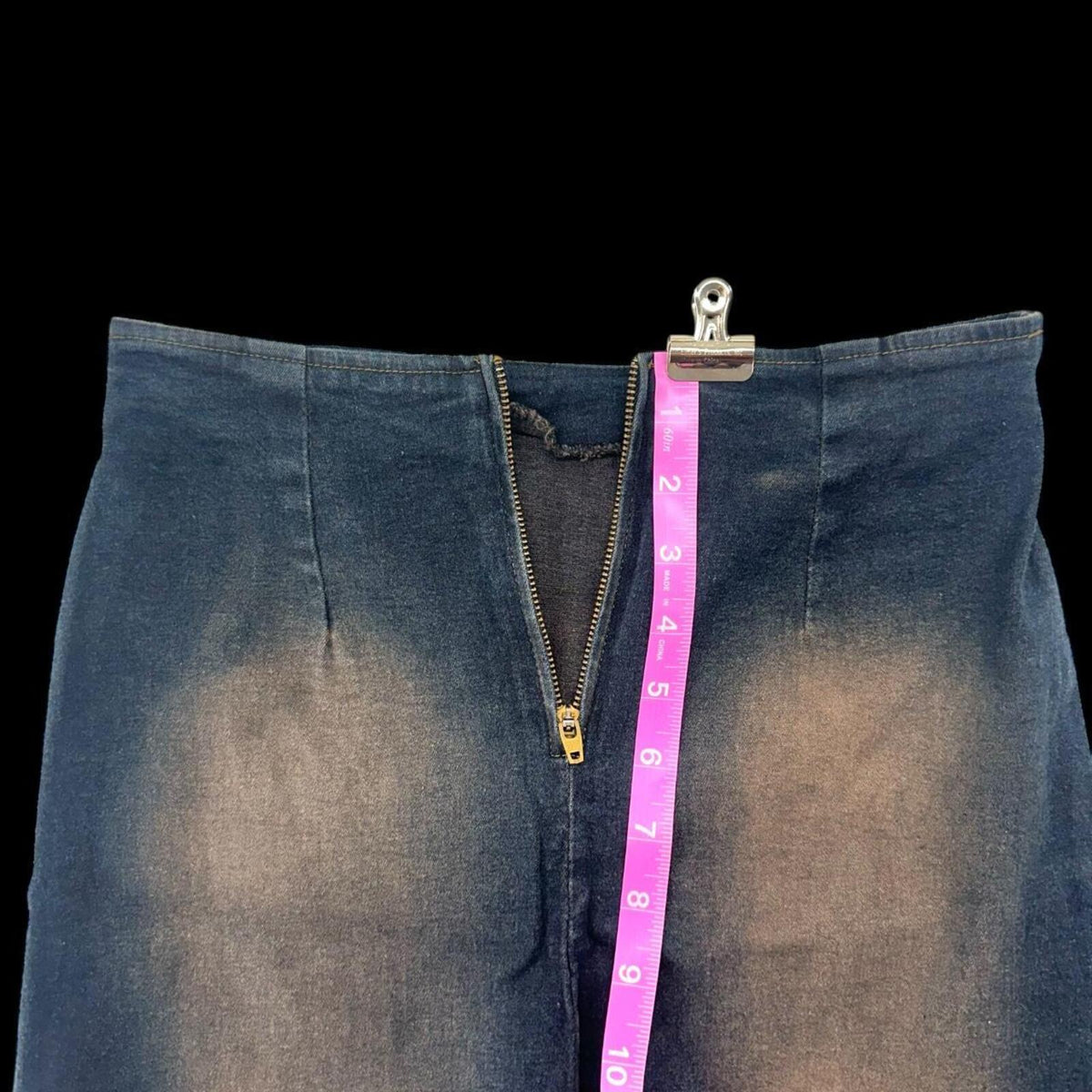 MOA Long Distressed Denim Skirt Dark Wash with Brown Copper Accents