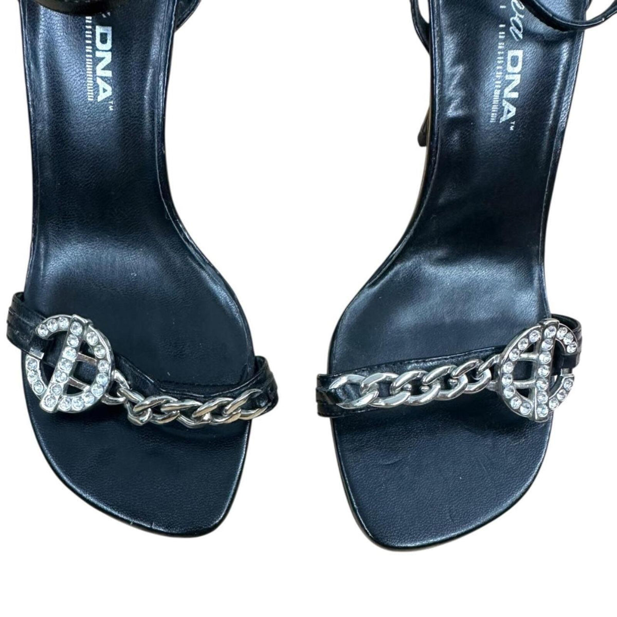 Diva DNA Black Strappy Stiletto Sandals with Silver Chain Logo Detail