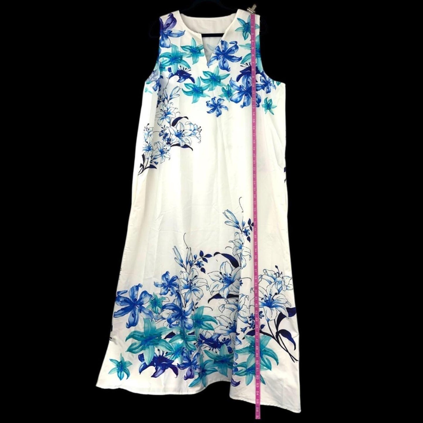 White Sleeveless Maxi Dress with Blue Floral Print Bohemian Retro