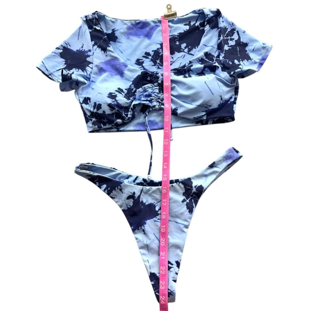 SHEIN Blue Purple Tie Dye Indie Punk Two Piece Bikini Set with Short Sleeve