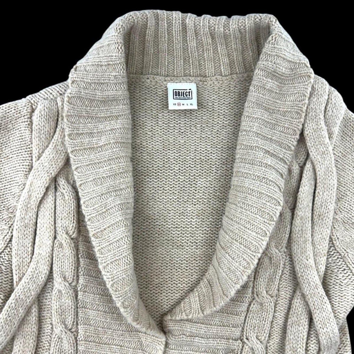 Object Cable Knit Cardigan Shawl Collar Open Front Tan Cream