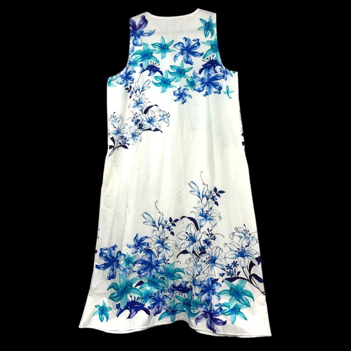 White Sleeveless Maxi Dress with Blue Floral Print Bohemian Retro