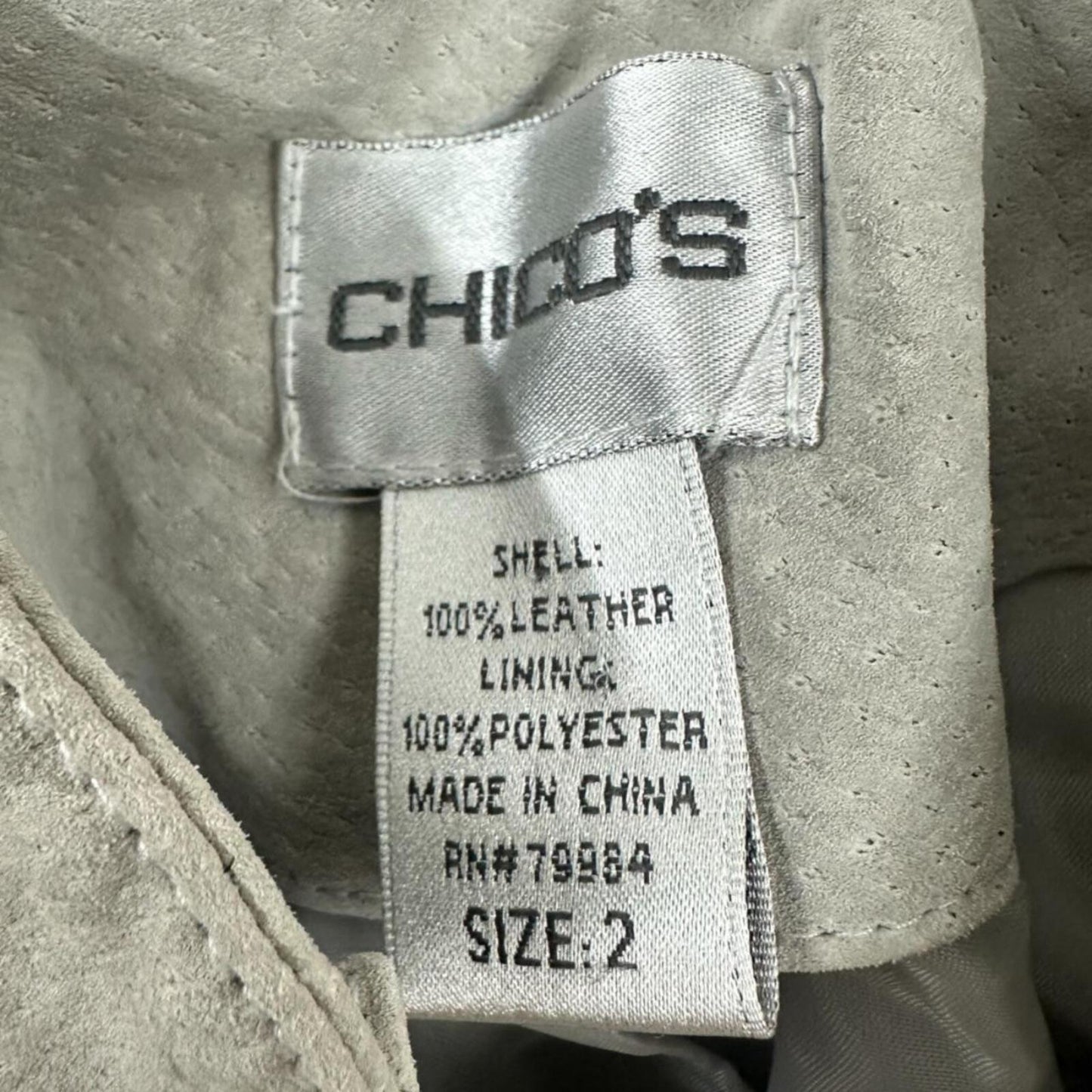 Chico's Light Gray Suede Leather Jacket with Mandarin Collar Elegant Boho
