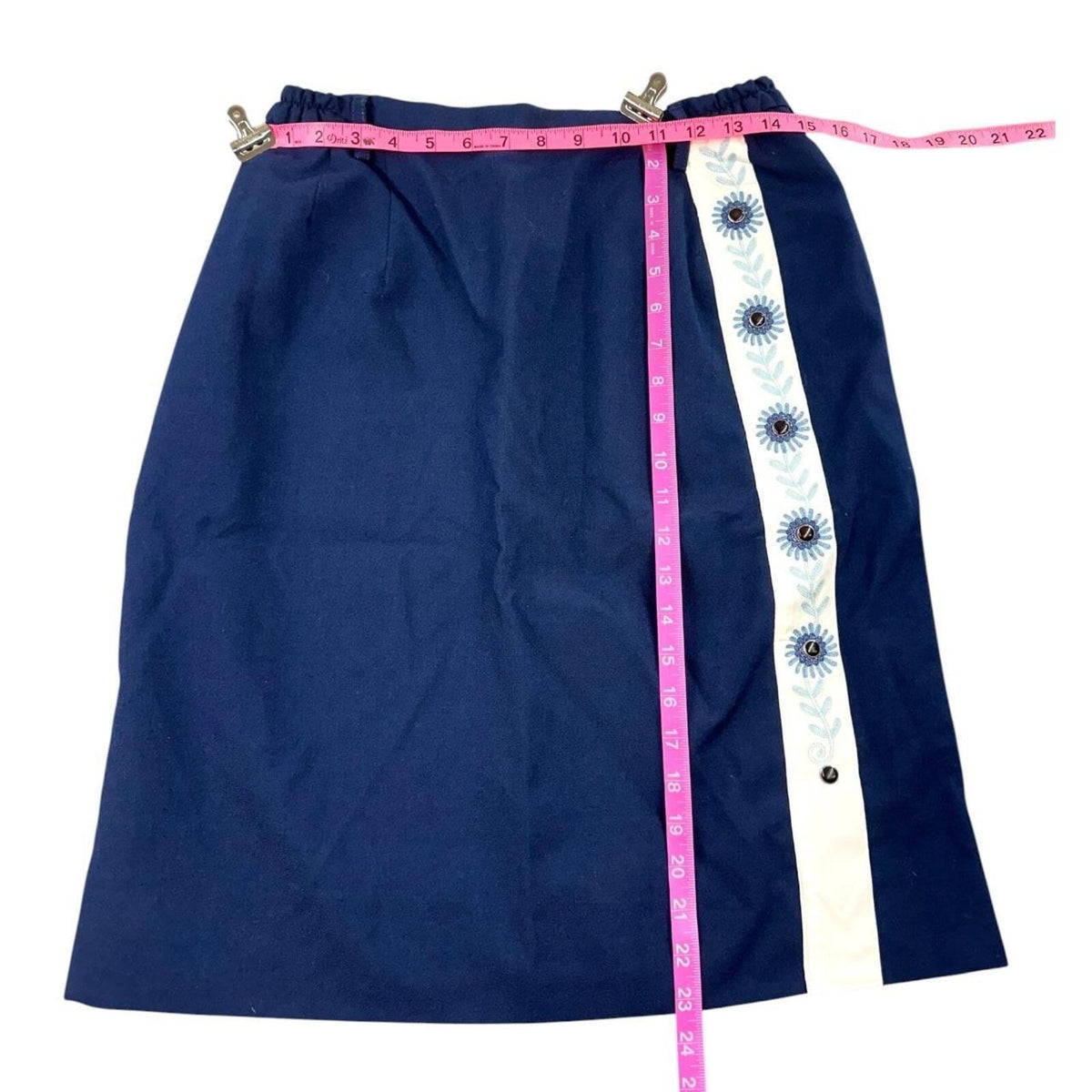 Vintage DSCP Navy A Line Skirt with Blue Floral Embroidery White Contrast Panel